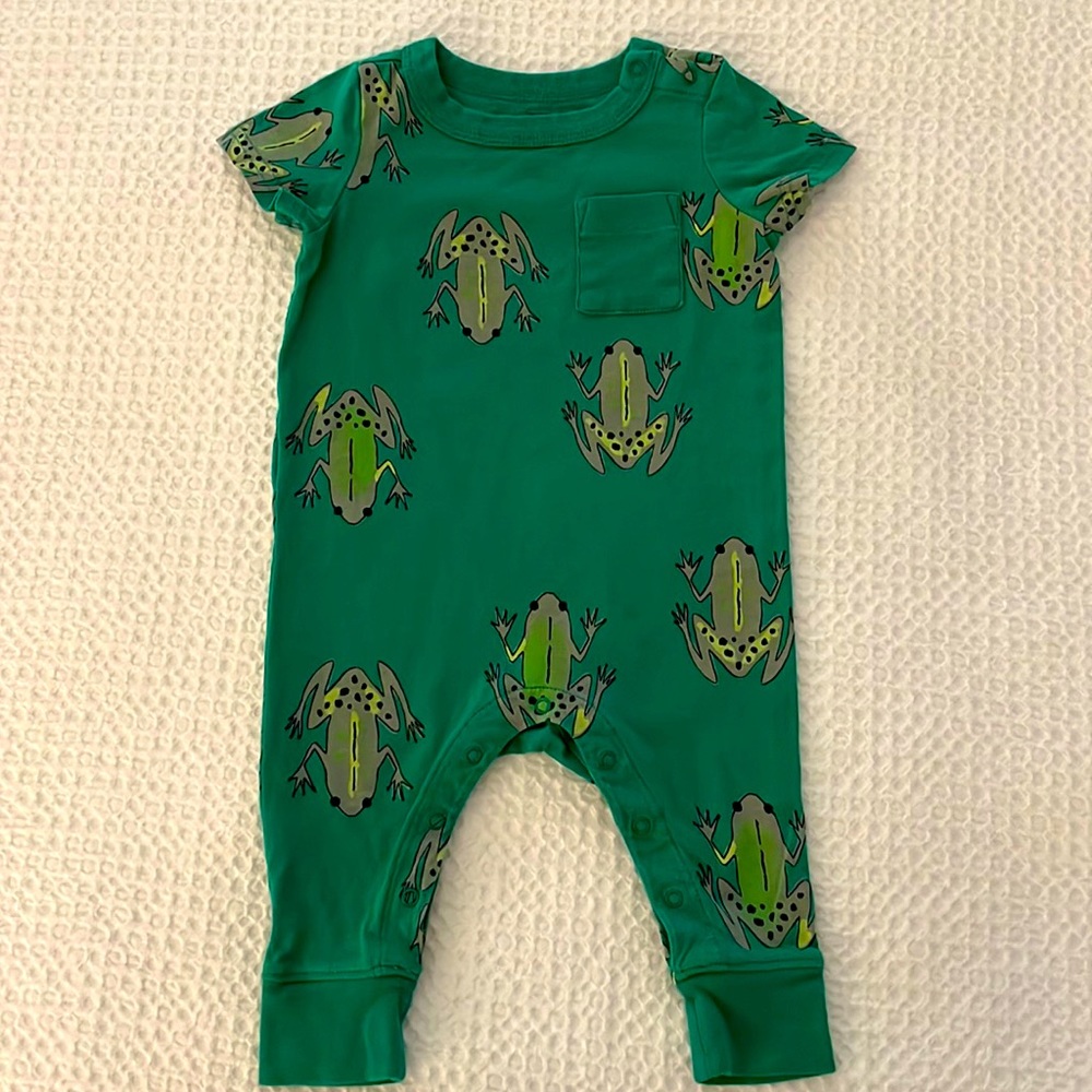 Tea collection tree frog playsuit with pocket; size 6-9 months